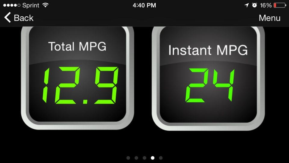 Digital gauge showing Total MPG 12.9 and Instant MPG 24