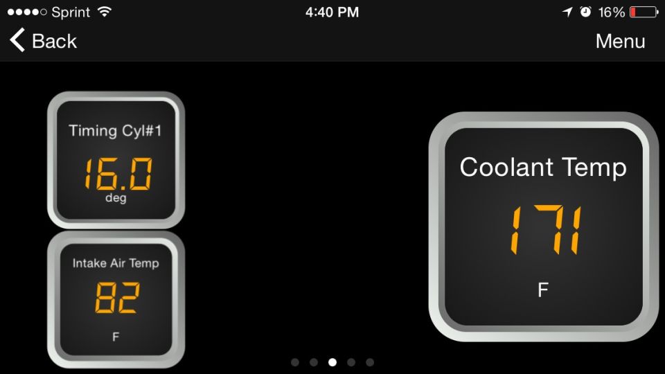 Digital gauges display timing, intake air temp, and coolant temp