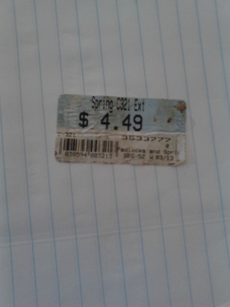 Price tag reads 'Spring-C321 Ext $4.49 Padlocks and Spr