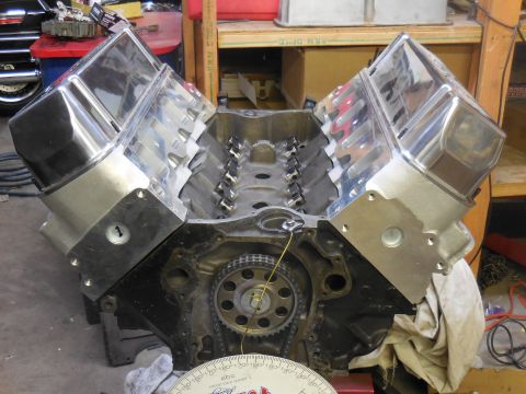 1979 Ford Bronco - This is a V8 engine block with chrome valve covers and a timing chain, with a degree wheel in the foreground.