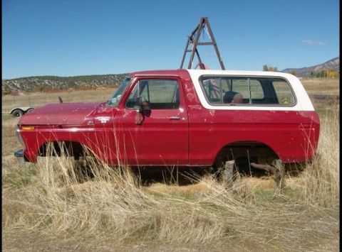 1979 Ford Bronco - This red 1978 Ford Bronco with a white top is missing its wheels and sits in tall, dry grass.