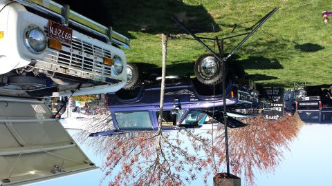 1995 Ford Bronco - A white 1978 Ford Bronco is parked on a grassy field, with a purple SUV beside it.