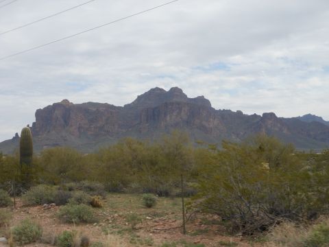 1995 Ford Bronco - A wide view of the desert landscape, the Superstition Mountains and a tall saguaro cactus.