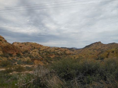 1995 Ford Bronco - A wide view of a desert canyon with sparse vegetation and dramatic rock formations under an overcast sky.