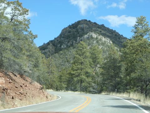 1995 Ford Bronco - Scenic mountain road with trees and rocky terrain, a Supermotors.net watermark.