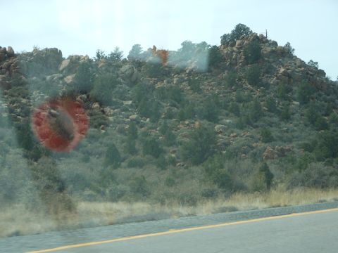 1995 Ford Bronco - The photo shows a natural landscape with rocks and vegetation, taken from a moving vehicle.