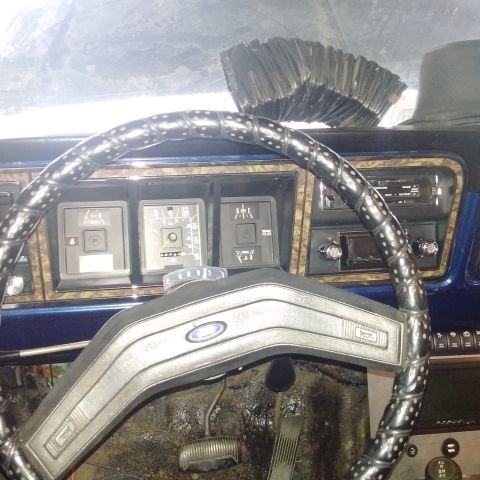 1978 Ford Bronco - Interior view of a 1978 Ford Bronco dashboard, a woodgrain accent and a black steering wheel.