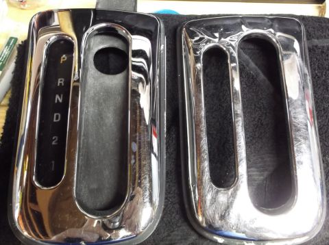 1999 Mercury Grand Marquis - Chrome gear shifter trim pieces, one showing gear selection indicators P, R, N, D, 2, 1.
