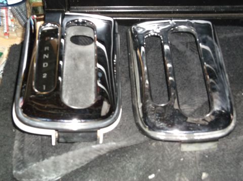 1999 Mercury Grand Marquis - Chrome trim pieces for a gear shifter console are shown, one with gear selection indicators.