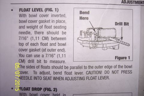 1973 Ford F-250 - Instructions detail how to set the float level on a carburetor using a drill bit as a gauge.