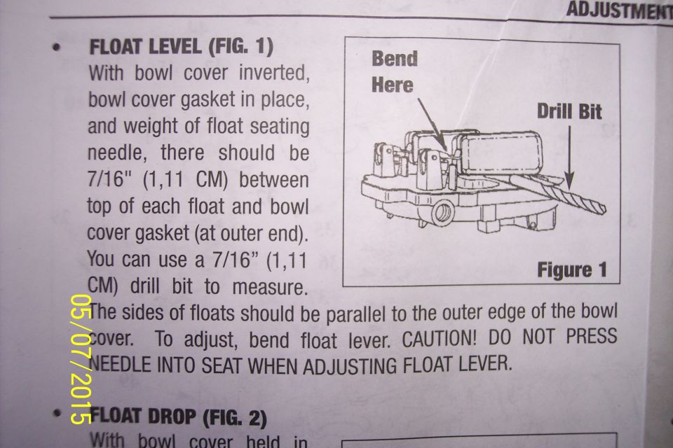 Carburetor float level adjustment instructions using a 7/16" drill bit as a gauge