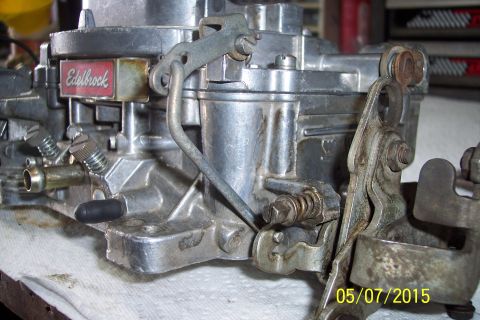 1973 Ford F-250 - This is a close-up view of an Edelbrock carburetor, likely undergoing a rebuild or inspection.