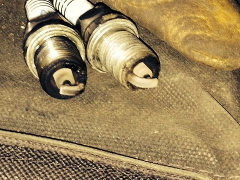 1961 International Scout 800 - Close-up of two spark plugs, showing their electrodes and insulators.
