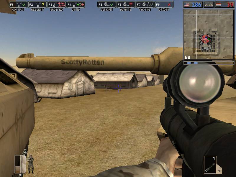 Video game scene with weapon scope, barrel labeled ScottyRotten, tents, and desert landscape