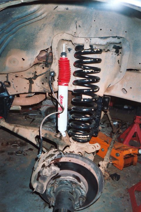 1988 Ford Bronco - Front almost done. Ended up they sold us the wrong front-front shocks, so I went without for a week. Got the new ones on now.