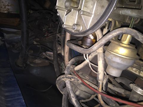 1984 Ford Bronco - Engine bay detail showing carburetor, fuel lines, and electrical wiring.