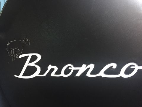 1995 Ford Bronco - Bronco script and running horse logo on black material, with Supermotors.net watermark.