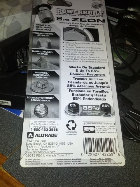 1992 Ford F-150 - Packaging for a Powerbuilt 8-piece socket set, detailing its functionality with various fastener conditions.