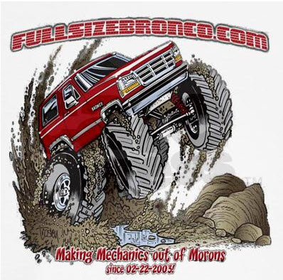 1992 Ford Bronco - Red Ford Bronco with large tires driving through mud, front 3/4 view.