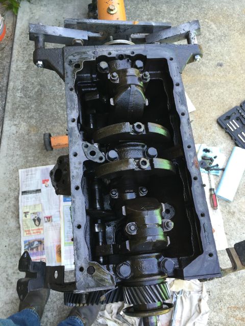 1946 Jeep Willys - Engine block and crankshaft assembly, likely undergoing maintenance or rebuild.