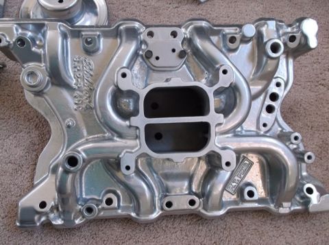 1979 Ford Bronco - Close-up of an Edelbrock intake manifold, showing part number and patent pending details.