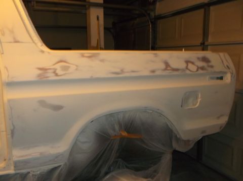 1979 Ford Bronco - Rear quarter panel of a 1978 Ford Bronco undergoing bodywork.