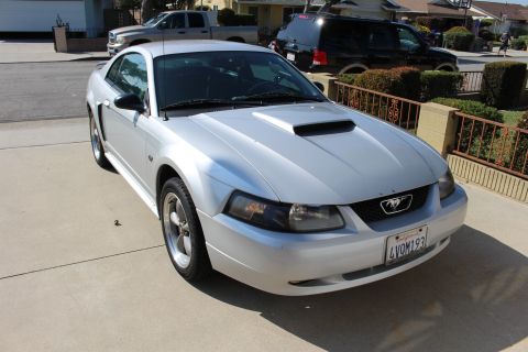 2002 Ford Mustang - This silver 2002 Ford Mustang coupe features a prominent hood scoop and is parked in a driveway.