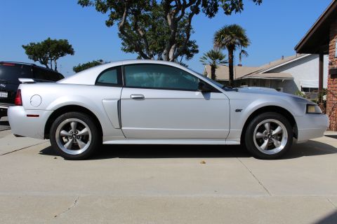 2002 Ford Mustang - A silver 2002 Ford Mustang GT coupe is seen from the side, parked in front of a house with trees and palm trees in the background.