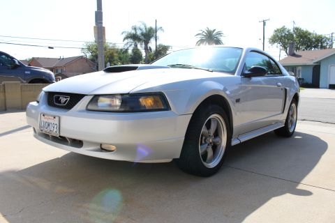 2002 Ford Mustang - Silver 2002 Ford Mustang with a hood scoop and GT badging is parked outside.