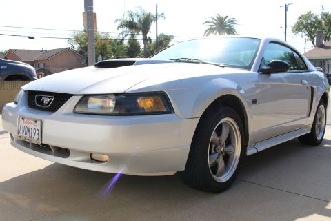 2002 Ford Mustang - This silver 2002 Ford Mustang features a prominent hood scoop and GT badging, viewed from a three-quarter front angle.