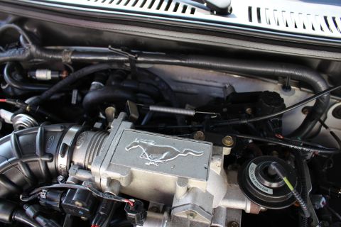 2002 Ford Mustang - Engine intake manifold with running horse emblem, likely from a Ford Mustang.