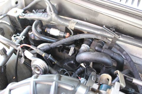2002 Ford Mustang - This is a close-up view of an engine bay, focusing on the complex network of hoses and wiring harnesses.