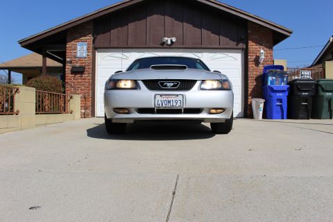 2002 Ford Mustang - Silver 2002 Ford Mustang with a hood scoop parked in front of a garage.