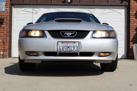 2002 Ford Mustang - A silver 2002 Ford Mustang is shown from the front, parked in front of a garage door.