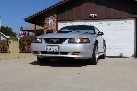 2002 Ford Mustang - Silver 2002 Ford Mustang parked in front of a suburban garage with a white door.