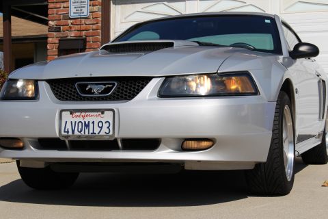 2002 Ford Mustang - This silver 2002 Ford Mustang is shown from the front, with its California license plate visible.