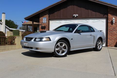 2002 Ford Mustang - Silver 2002 Ford Mustang parked in front of a brick garage with a white door.