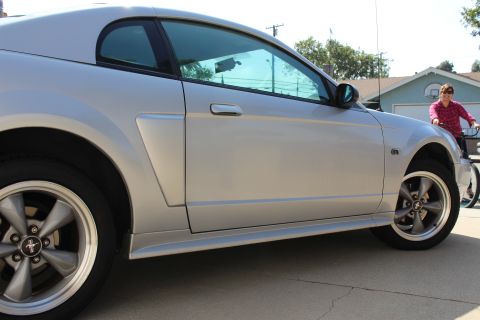 2002 Ford Mustang - A silver 2002 Ford Mustang is parked in a driveway with a person on a bicycle in the background.