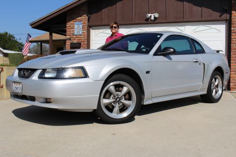 2002 Ford Mustang - A silver 2002 Ford Mustang GT is parked in front of a brick house and garage.