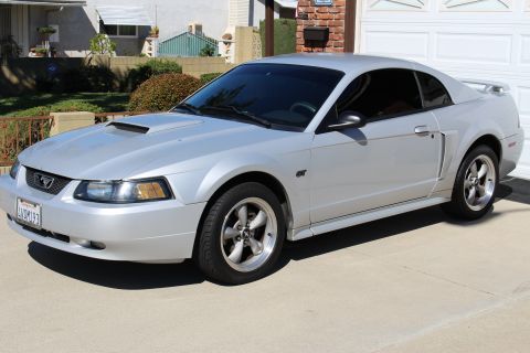 2002 Ford Mustang - A silver 2002 Ford Mustang is parked in front of a garage and house.