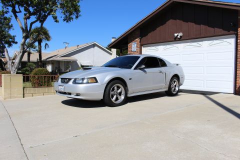 2002 Ford Mustang - This silver 2002 Ford Mustang coupe is parked in a suburban driveway in front of a garage.