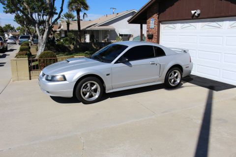 2002 Ford Mustang - A silver Ford Mustang is parked in a driveway next to a garage door on a sunny day.