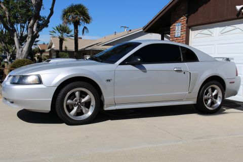 2002 Ford Mustang - Side view of a silver 2002 Ford Mustang GT parked in a residential driveway.