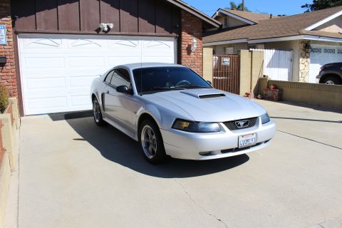 2002 Ford Mustang - A silver 2002 Ford Mustang is parked in a driveway, facing the camera.
