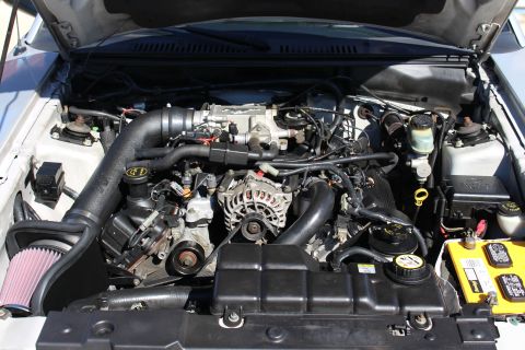2002 Ford Mustang - Engine bay of a 2002 Ford Mustang, showing the V8 engine and aftermarket modifications.