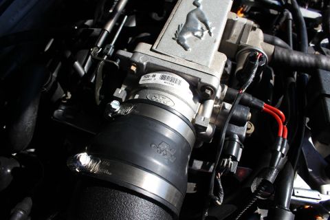 2002 Ford Mustang - Close-up of a Ford throttle body with a Mustang emblem. K&N intake hose is attached.