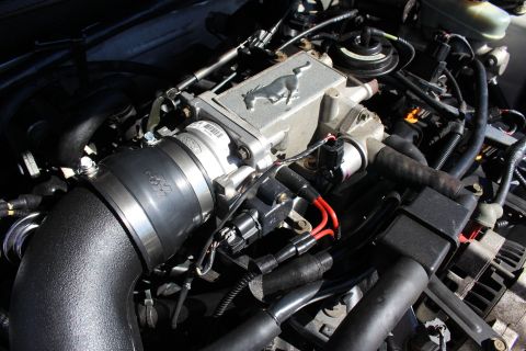 2002 Ford Mustang - Close-up view of the engine bay in a 2002 Ford Mustang, highlighting aftermarket intake components.