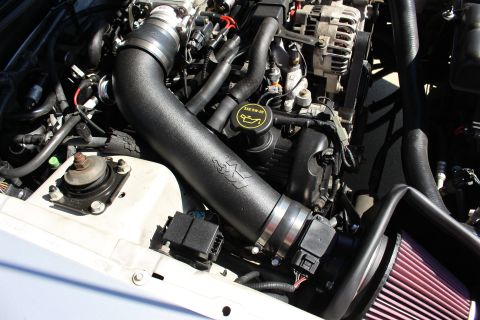 2002 Ford Mustang - Close-up view of an engine bay, highlighting an aftermarket intake system and various engine components.