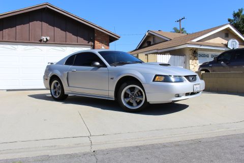 2002 Ford Mustang - Silver Ford Mustang with a hood scoop and aftermarket wheels parked in a driveway.