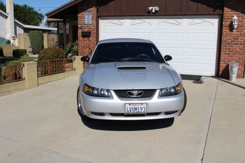 2002 Ford Mustang - A silver 2002 Ford Mustang is parked in a driveway in front of a closed garage door.